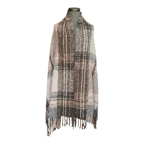 Scarf With Fringe Soft Grey Beige Plaid Textured Shawl Women’s Scarf Wrap - Picture 3 of 6